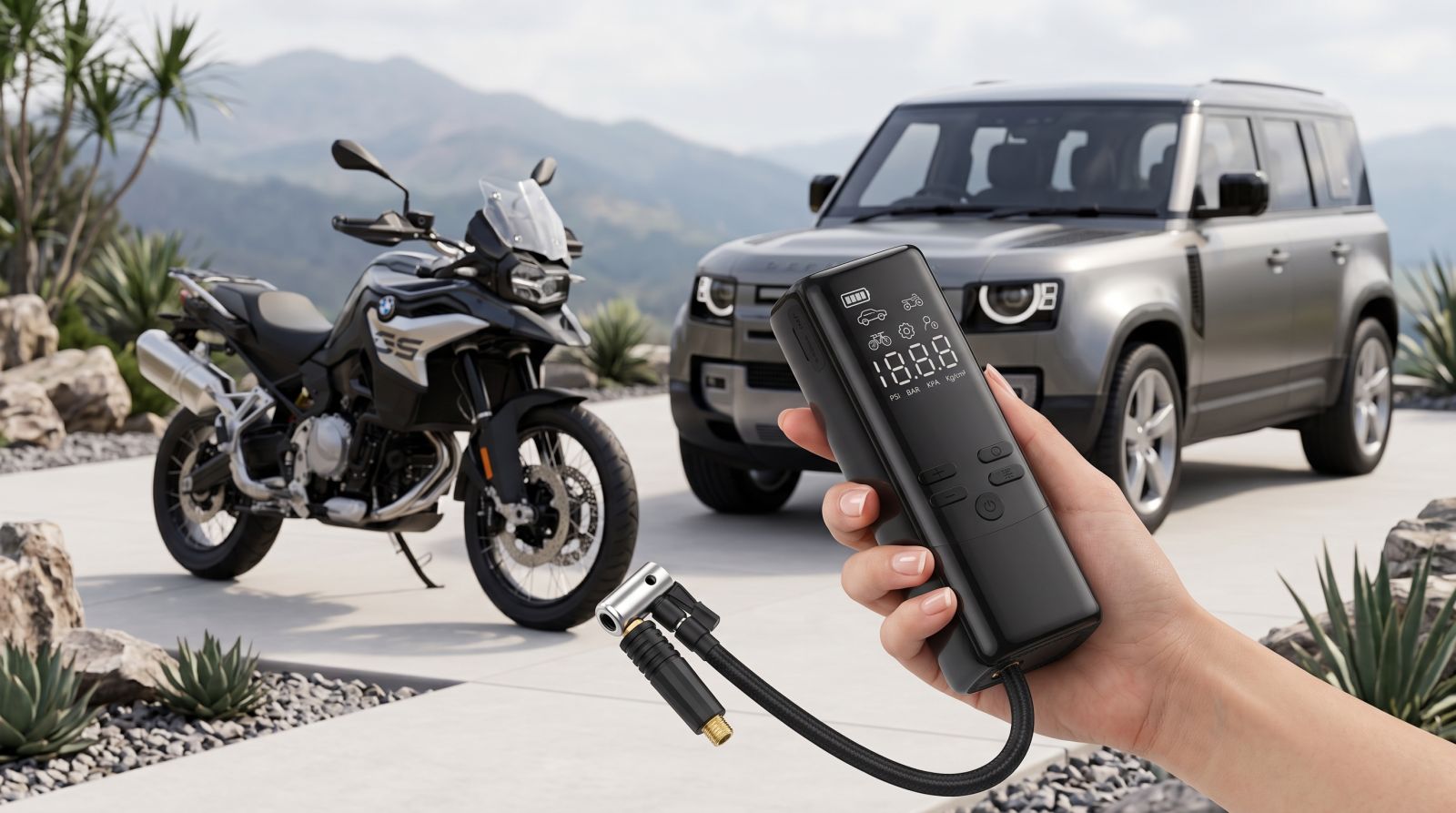 Hand holding a portable digital tyre inflator with a motorcycle and SUV in the background