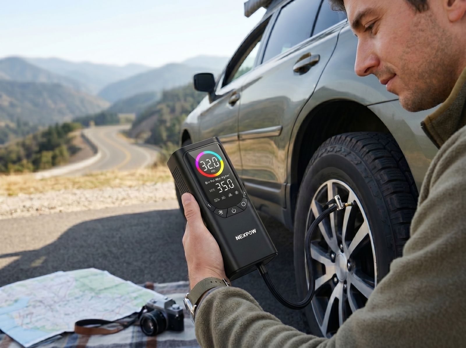 Handheld tyre inflator checking SUV tyre pressure during a roadside stop in a mountain travel setting