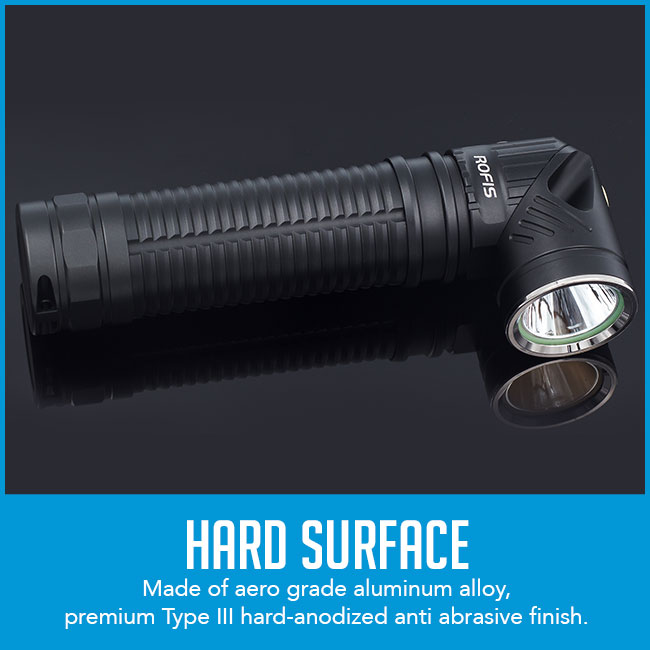 flashlight with caption "hard surface, made of aero grade aluminum alloy"
