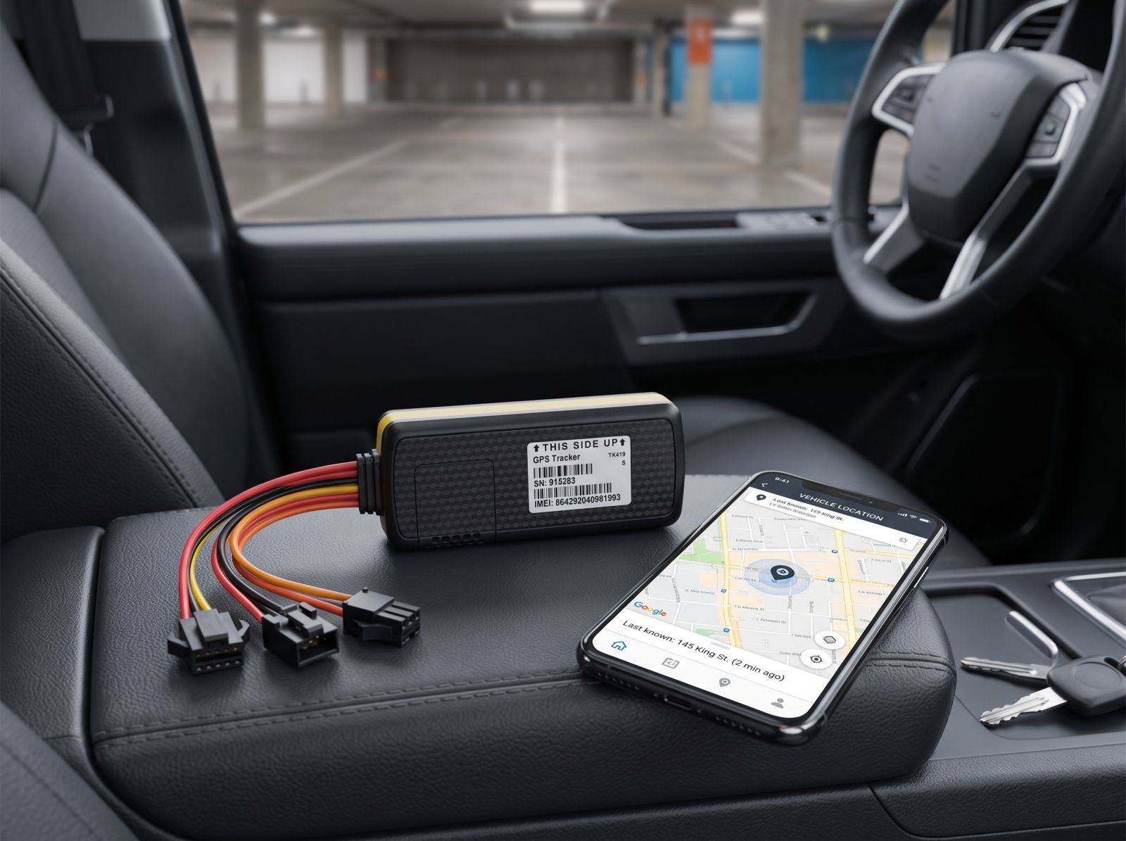 Hardwired 4G car GPS tracker with wiring harness placed on a vehicle seat next to a smartphone displaying live vehicle location tracking.