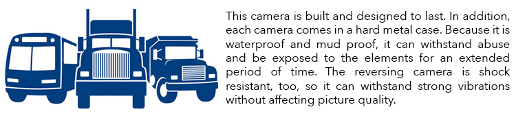 graphics of trucks and buses with caption "this camera is built and designed to last"