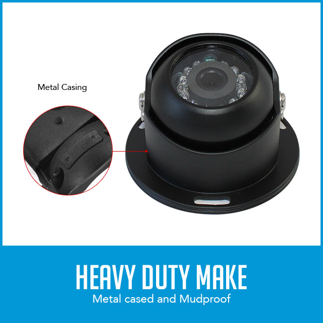 reversing eyeball camera with close up of metal casing, with caption "heavy duty make"