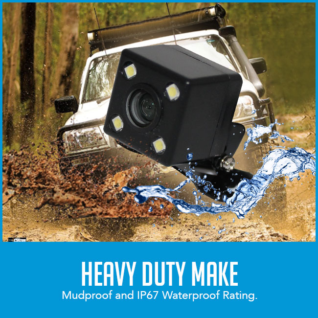 reverse camera superimposed over car on off road with caption "heavy duty make"