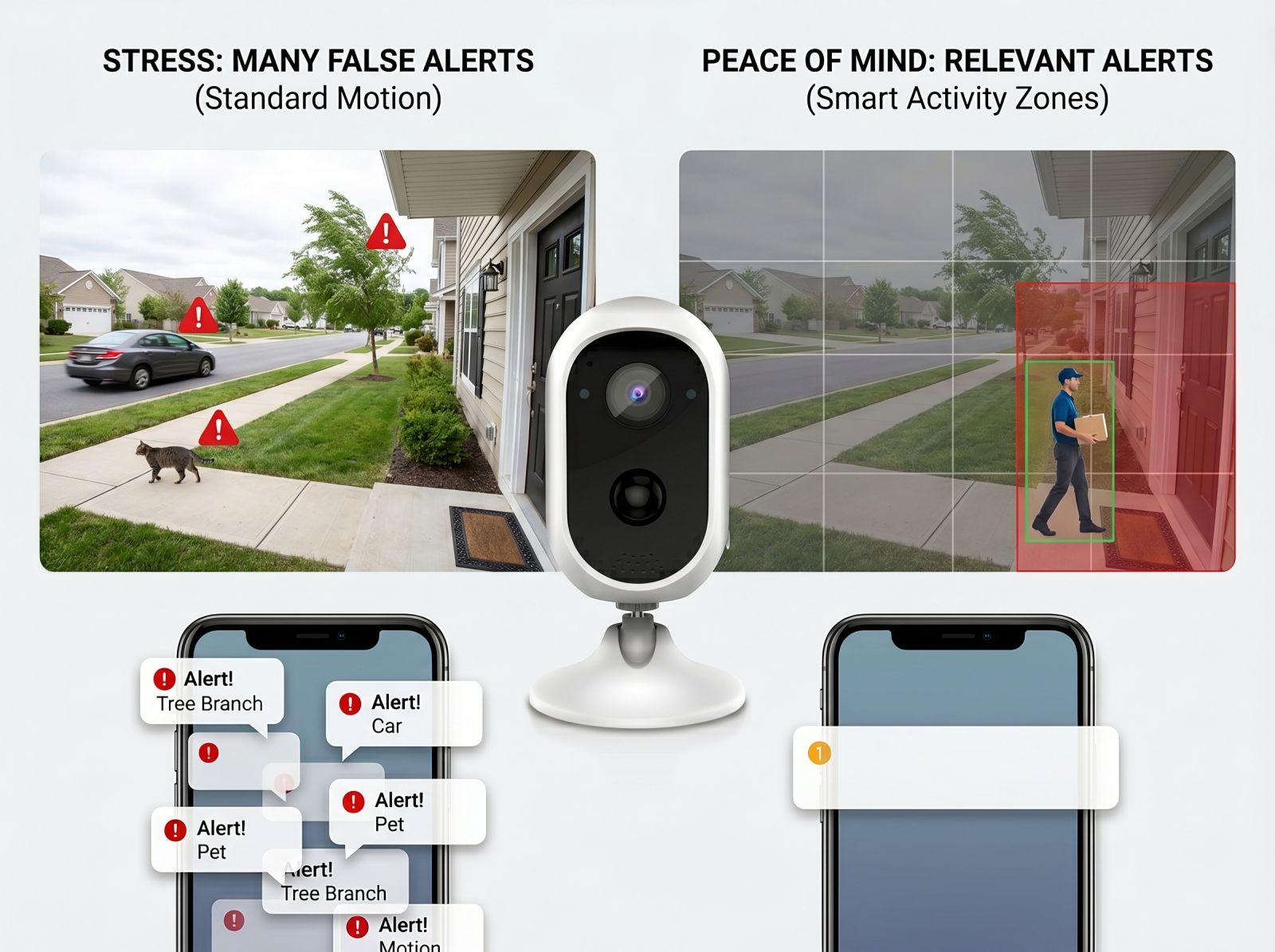 Home security camera showing smart activity zones that reduce false alerts from cars, pets, and tree branches