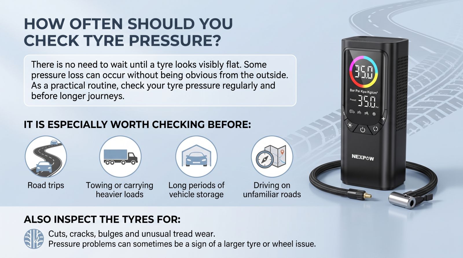 How often to check tyre pressure infographic with a NEXPOW portable tyre inflator and recommended situations for tyre checks.