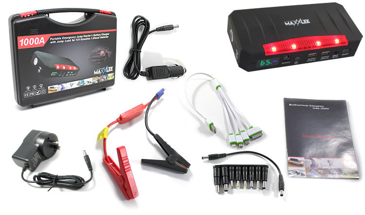 maxxlee battery charger jump starter, cigarette charger, USB multi head cable