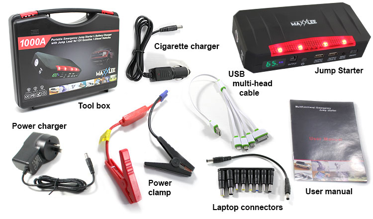 maxxlee battery charger jump starter, cigarette charger, USB multi head cable