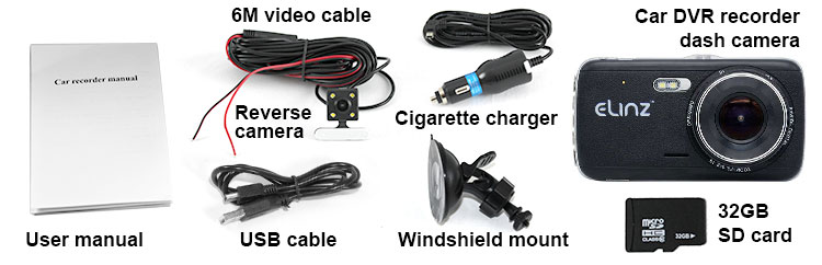 Dash Cam Dual Reversing Camera FHD 1296P 4inch 32GB Package