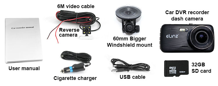Dash Cam Dual Camera Reversing 1296P 4 inch LCD FHD Package