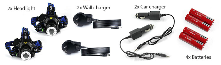 2 headlamp flashlights, 2 wall chargers, 2 car chargers, 4 batteries