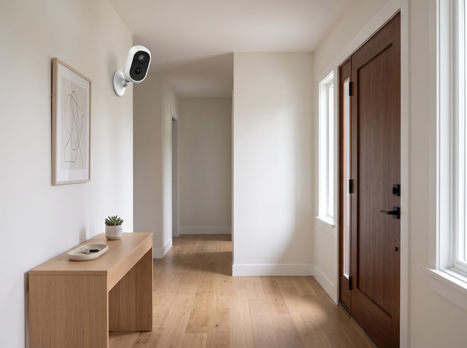 Indoor security camera mounted on a wall near the entrance of a modern home