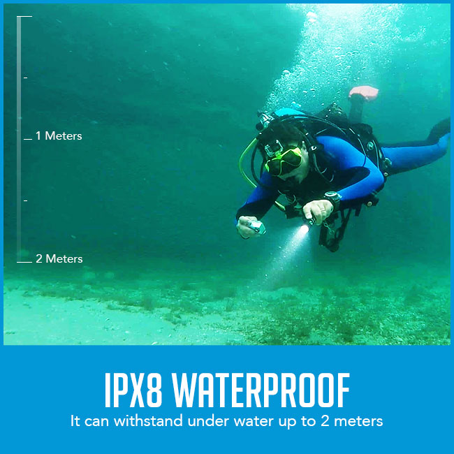 diver using flashlight with caption "IPX8 waterproof"