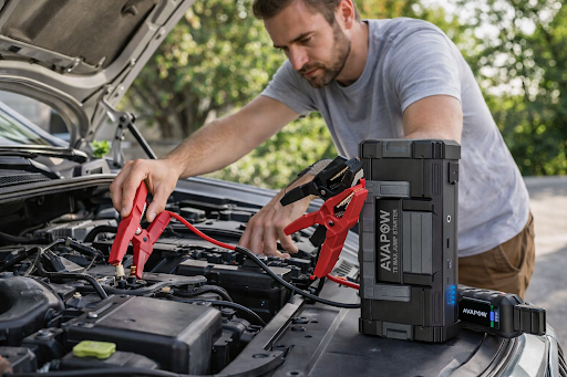 a man using a jump starter on his car battery