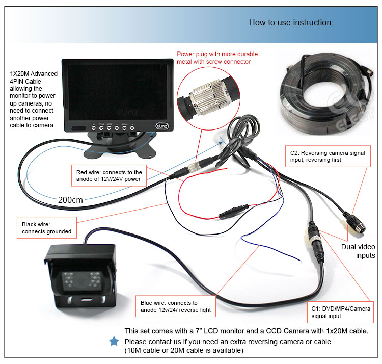 7inch HD LCD Monitor 12V/24V IR CCD 4PIN Car Reversing Camera Truck Caravan