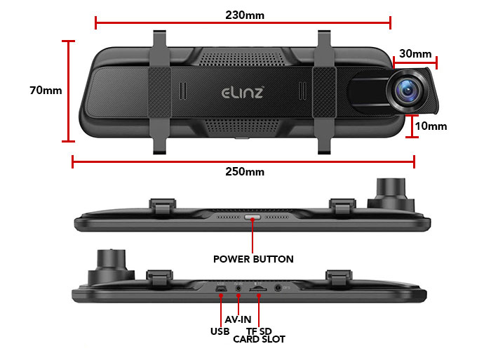 10 inches Rearview Mirror 1080P Full Touch Screen Dash Cam Reversing Camera Labels and Dimensions