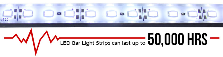 close up of led light bar strip with caption "lasts up to 50,000 hours"