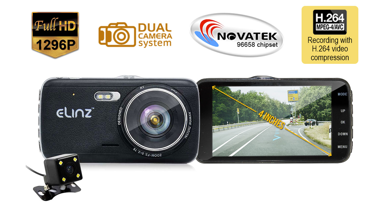 Dash Cam Dual Camera Reversing FHD 1296P 4 inch LCD