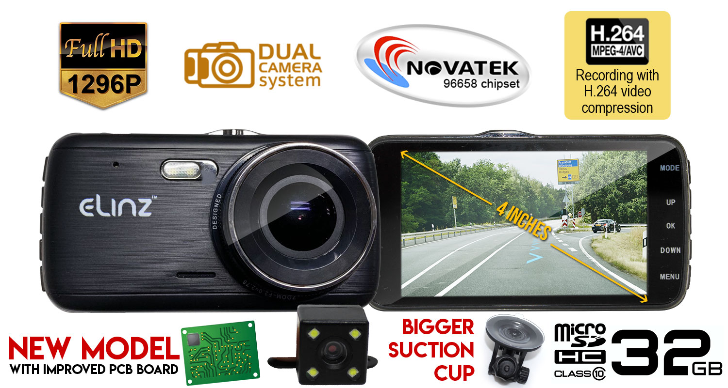 Dash Cam Dual Camera Reversing FHD 1296P 4 inch LCD