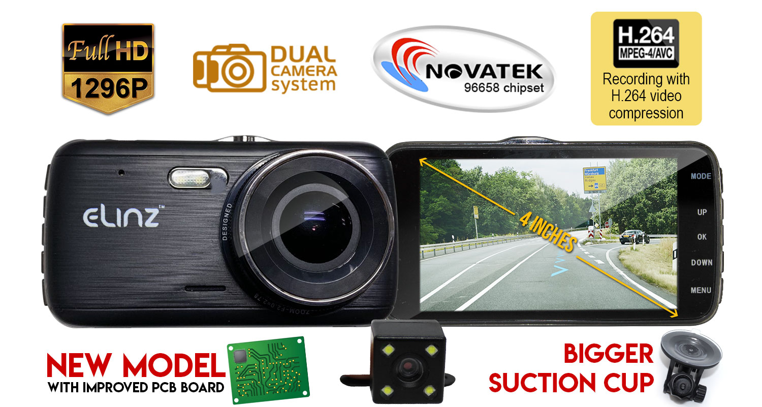 Dash Cam Dual Camera Reversing FHD 1296P 4 inch LCD