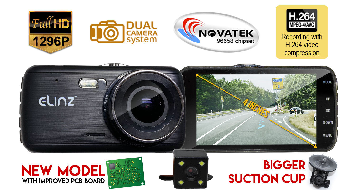 Dash Cam Dual Camera Reversing FHD 1296P 4 inch LCD