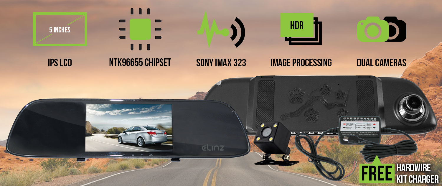 5 inch Rear View Mirror Car Dash Cam Reversing Camera Hardwire Kit Elinz