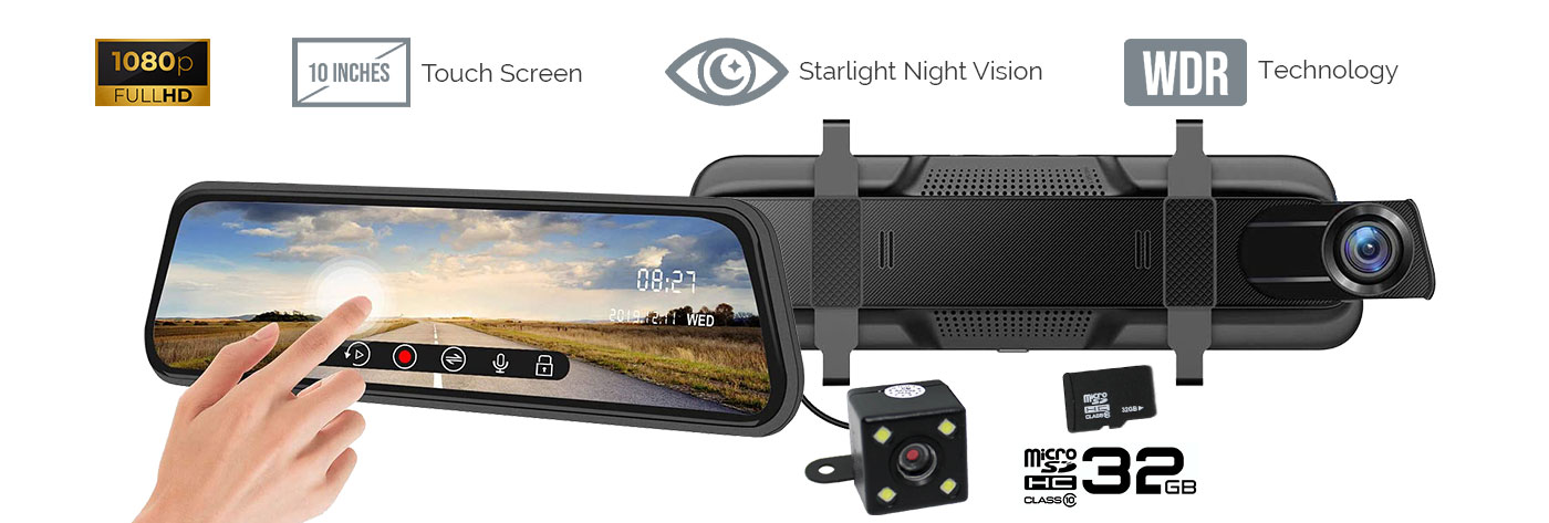 10 inches Rearview Mirror 1080P Full Touch Screen Dash Cam