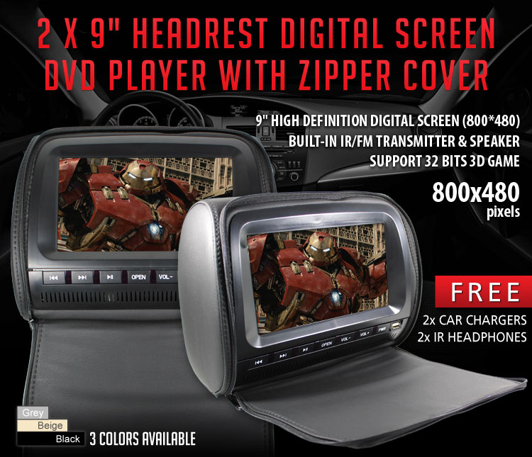 Headrest 2x 9 inch HD Monitor Pillow Car DVD Player Games Elinz