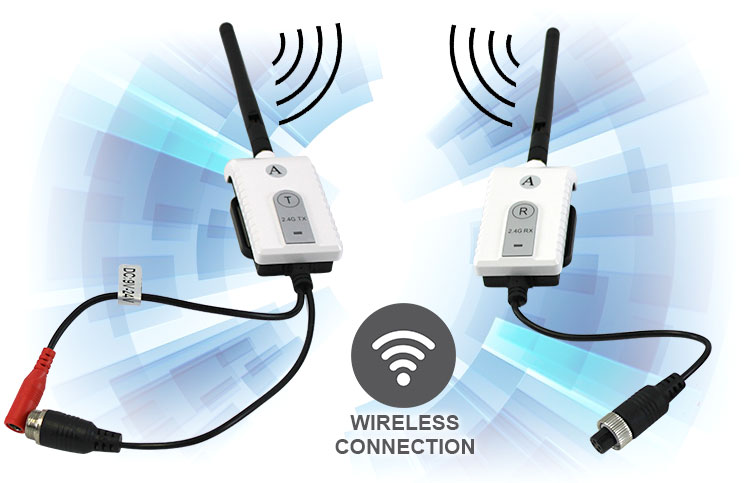 wireless receiver and transmitter for reversing cameras and monitors