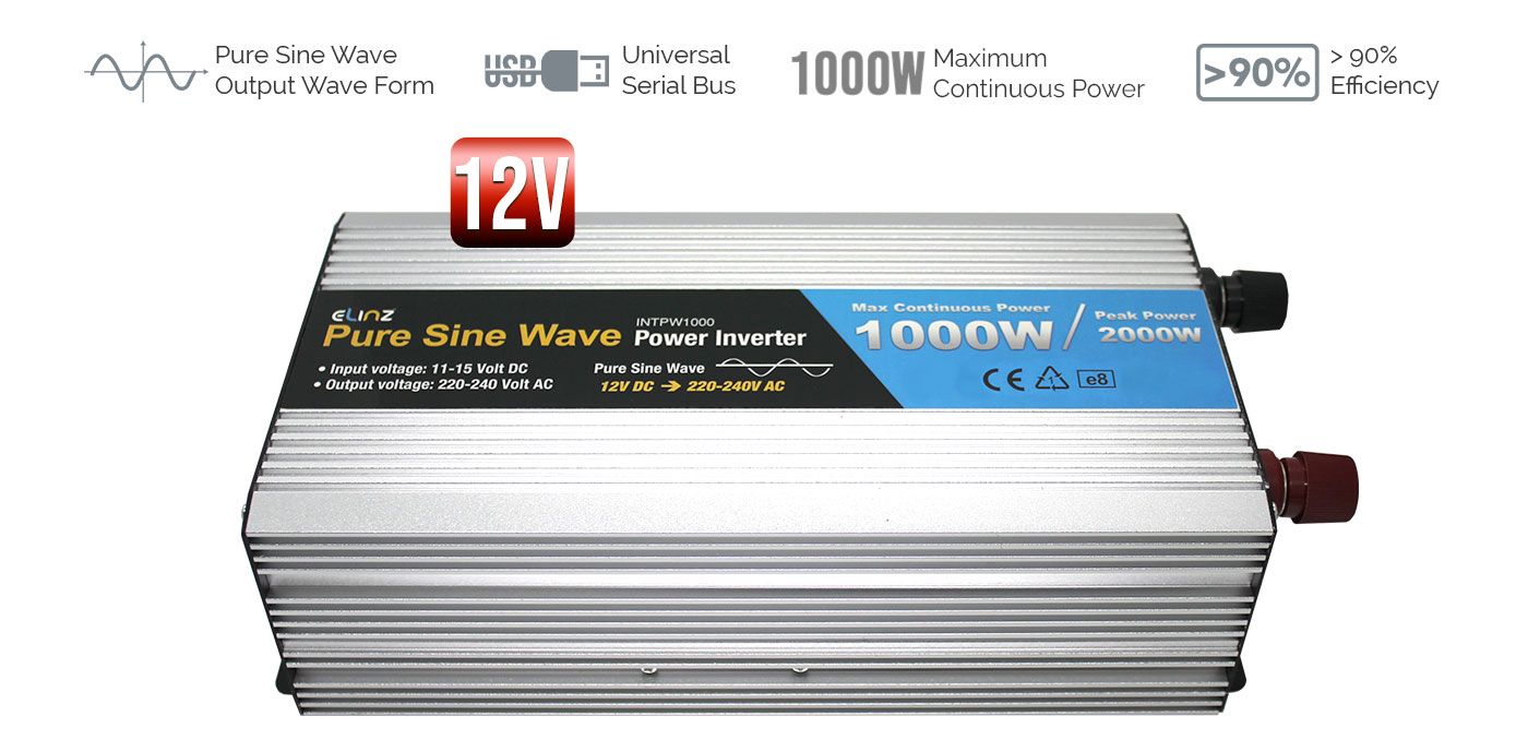 pure sine wave power inverter with caption 1000W and 90% efficiency