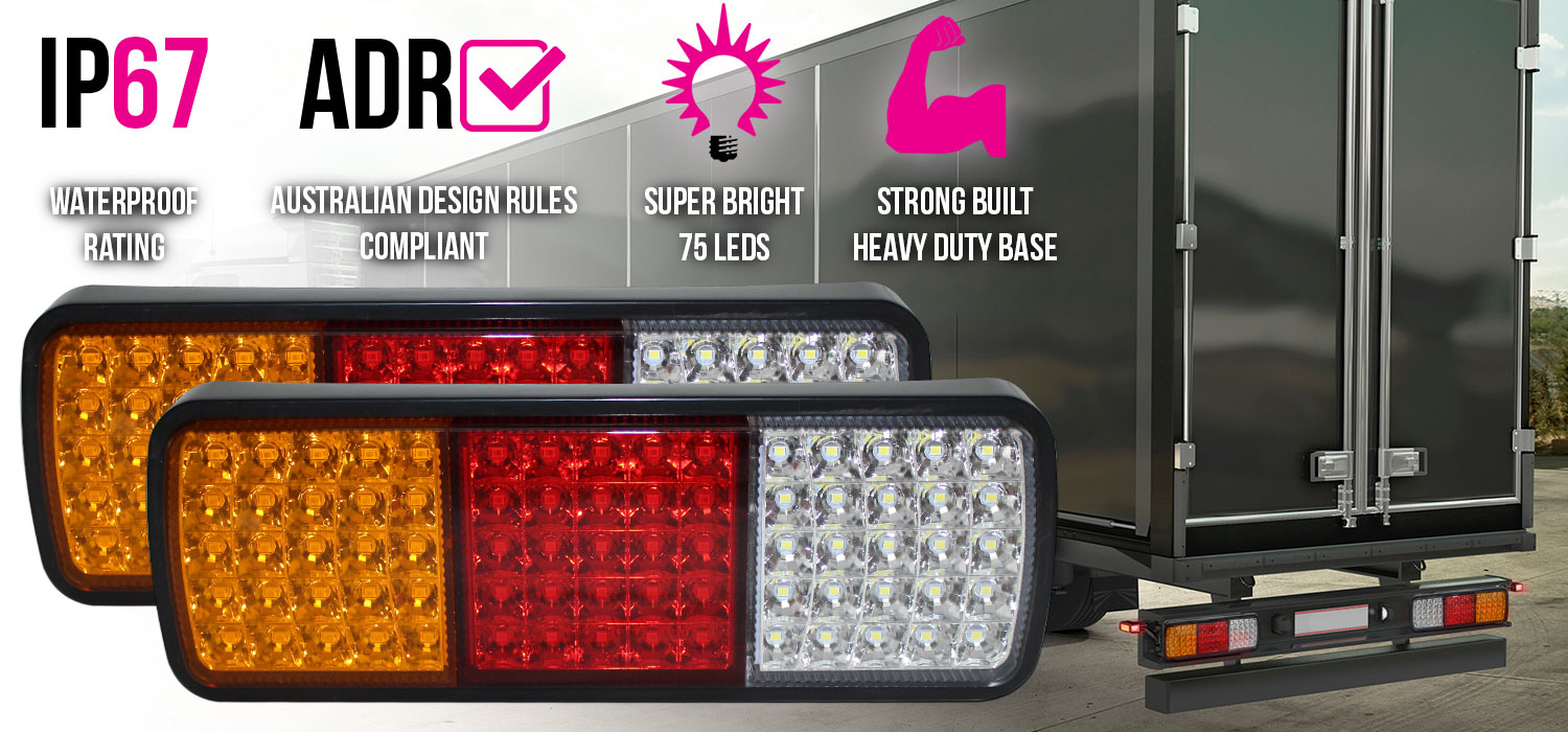 LED tail lights with caption "IP68 waterproof, strong-built, super bright led