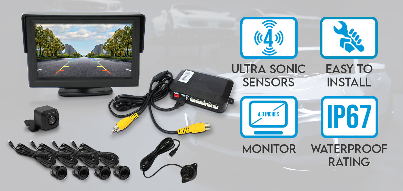4.3 Inch Monitor CMOS 170° Car Reversing Camera 600TVL 4 Ultrasonic Parking Sensors