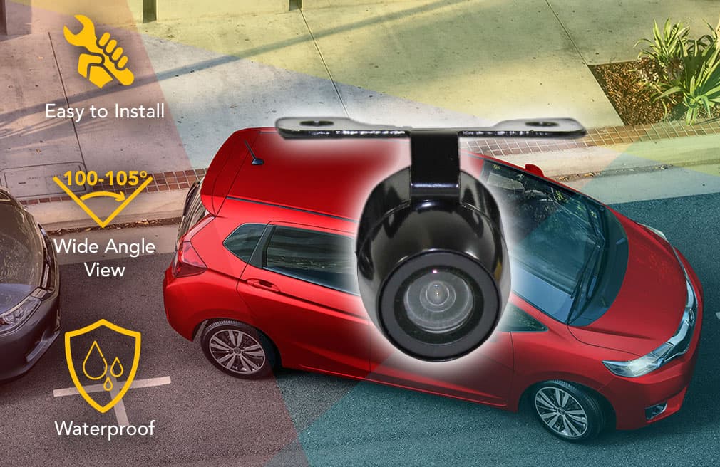 reversing camera with labels "easy to install" "waterproof' & "wide angle view"