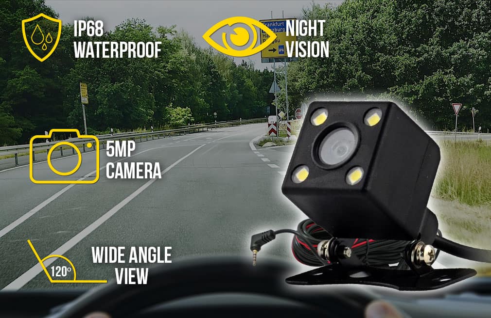 reversing camera with captions "IP68 waterproof, 5 MP camera, 120 degree view"