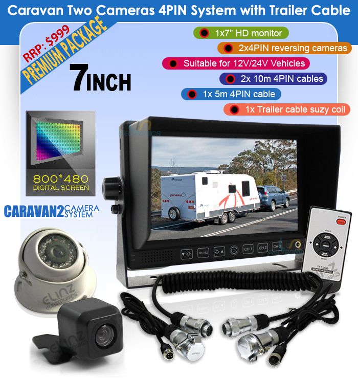 7 inch Monitor HD Reversing CCD 2 Camera 4PIN Trailer Cable