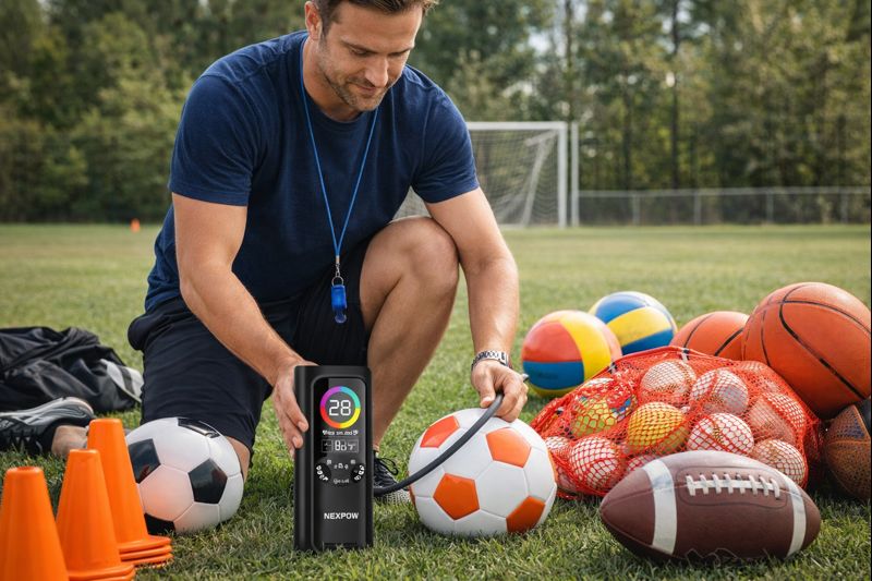 man inflating basketballs footballs sports gear with an air compressor