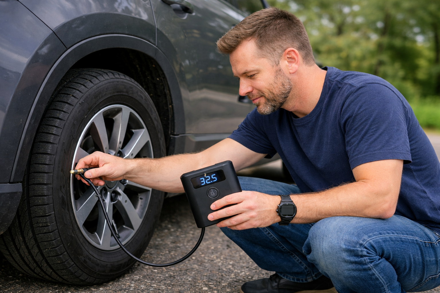 man using a tyre inflator
