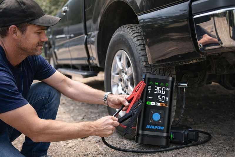 man using an automotive air compressor on his truck