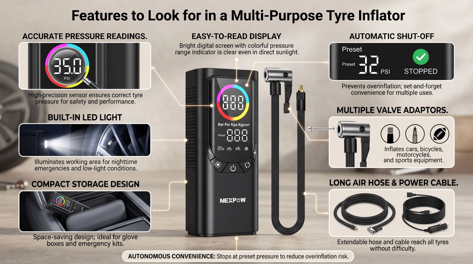 Multi-purpose tyre inflator features including accurate pressure readings, LED light, auto shut-off and valve adapters