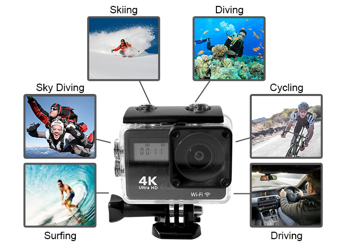 action camera multifunction uses graphic for skiing, diving, cycling, surfing