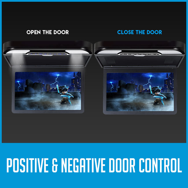 roof mount flip down car dvd player with caption "positive and negative door control"