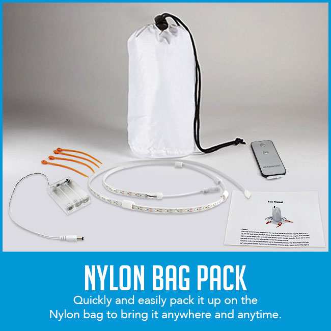 white nylon bag pack with black strings with flexible LED light bar strip, charger and ties
