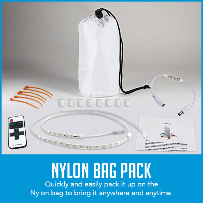 1 led light bar strip, 1 battery charger, 4 orange universal ties, 1 silver remote control, 1 white nylon bag.