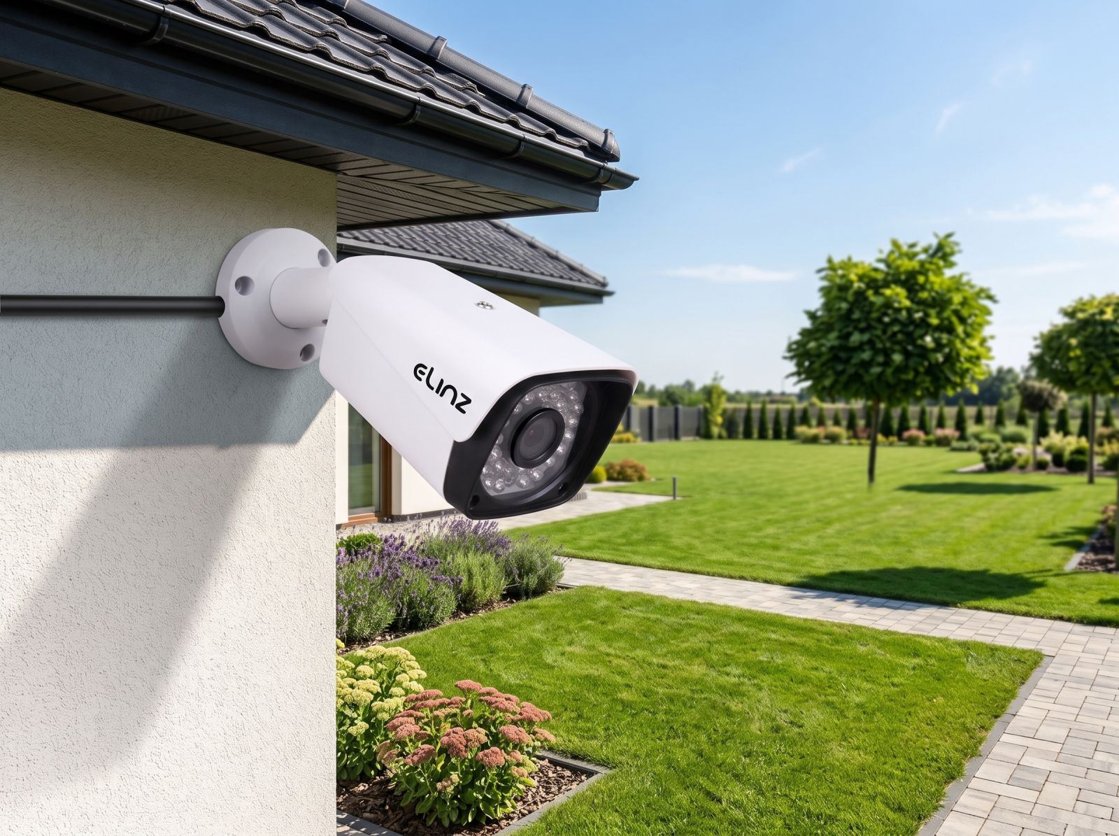 Outdoor bullet security camera mounted under the roof overlooking a residential garden and yard