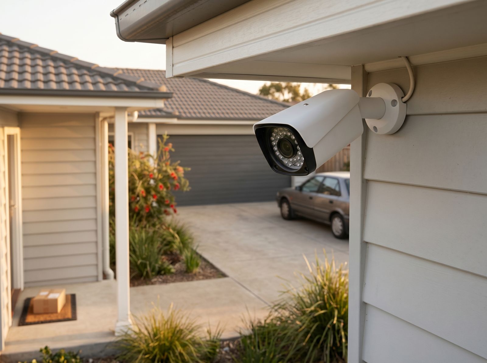 Outdoor security camera mounted under a roof eave monitoring a driveway and front entry area at sunset
