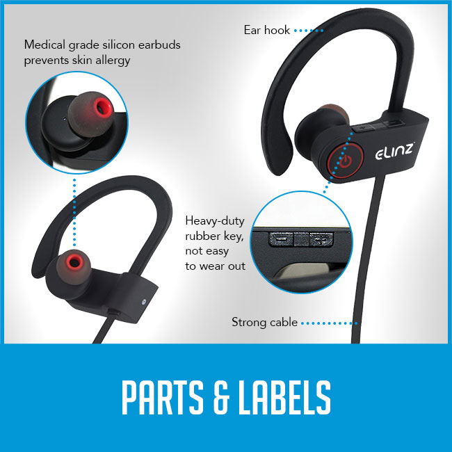 parts and labels on bluetooth earphones