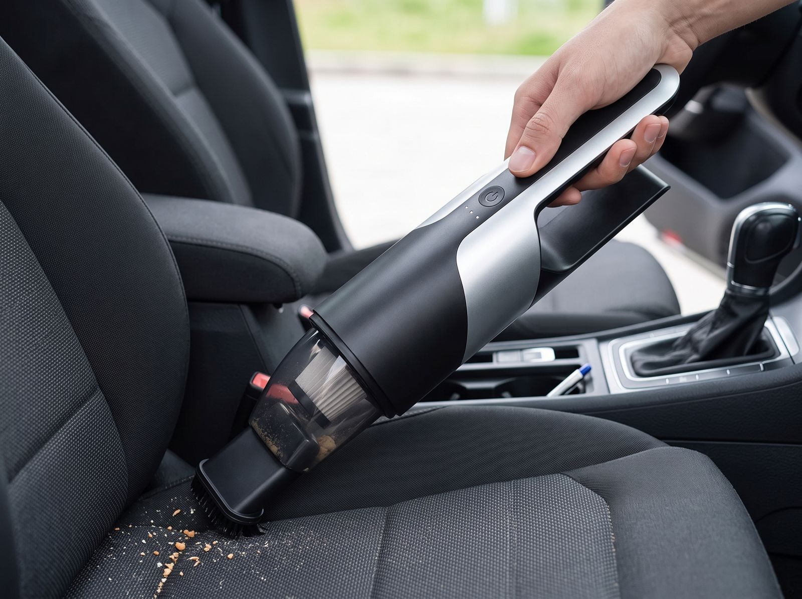 Portable car vacuum cleaner removing dirt and crumbs from a car seat