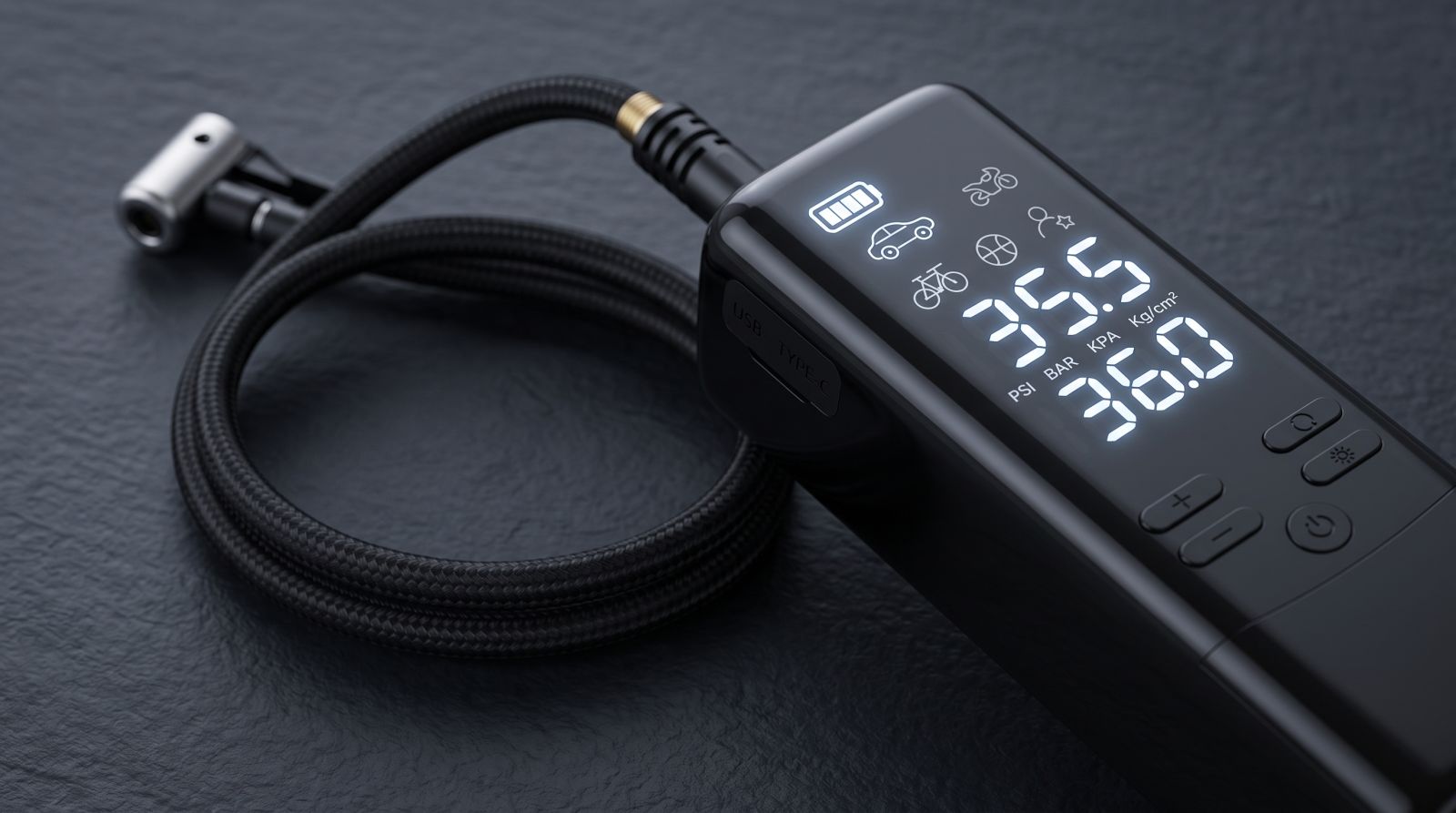 Portable digital tyre inflator with pressure display and coiled air hose on a dark surface