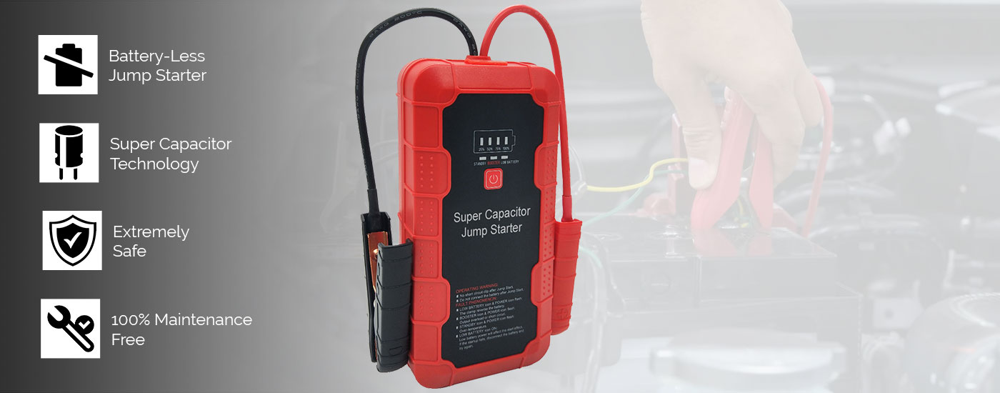 red and black supercapacitor portable jump starter