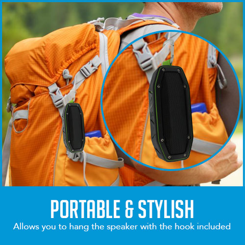 bluetooth speaker hanging from bag clip with caption "portable & stylish"