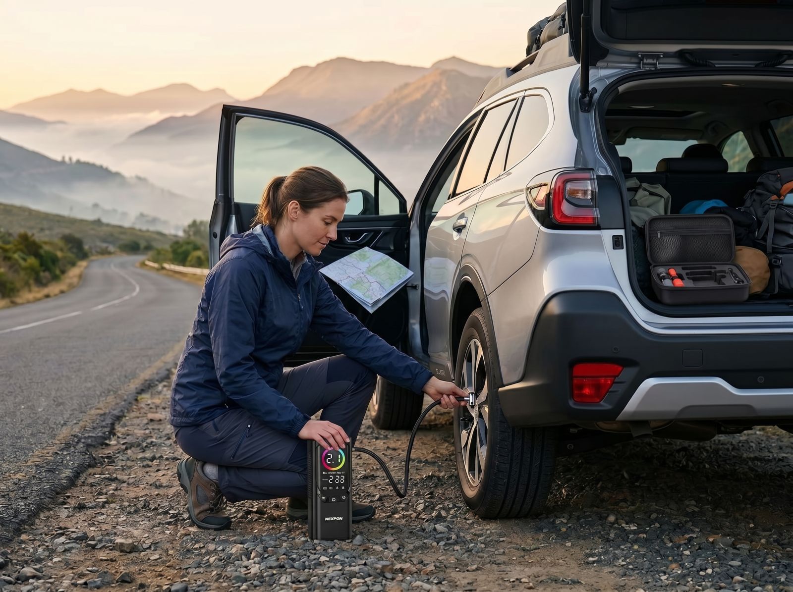 Portable tyre inflator pumping an SUV tyre during a scenic mountain road trip